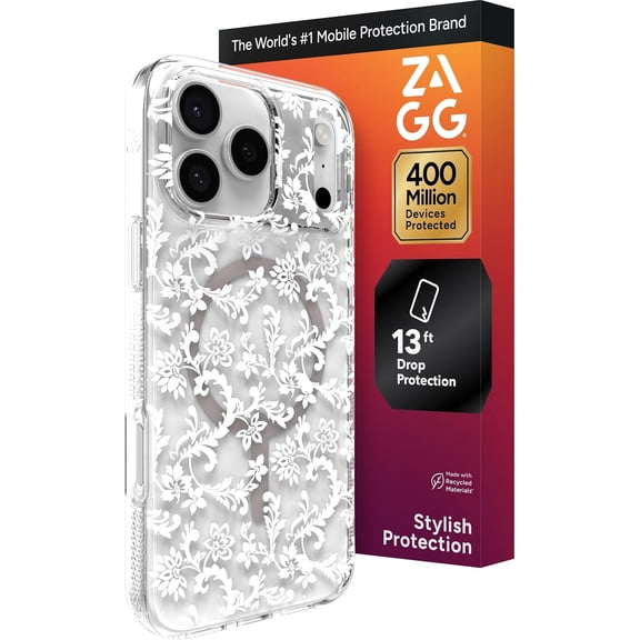ZAGG Milan Snap Case for iPhone 17 Pro Max - White Boho Blossom Graphene Strengthened Phone Case with Drop Protection (13ft/4m) Textured Edges & Sparkle Design MagSafe Charging Compatible