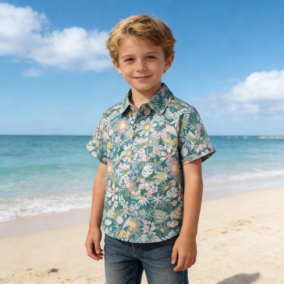 WQNVRNR Toddler Boys Hawaiian Shirts- Vacation Casual Short Sleeve Print Summer Shirt for Kids Green Size 4T