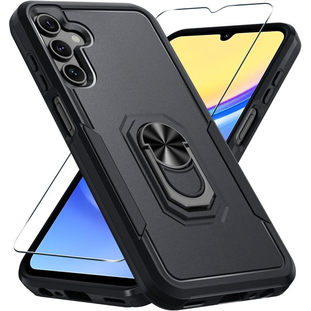 KOMI Compatible with Samsung Galaxy A15 5G Case with Screen Protector+Camera Lens Protector,Heavy Duty Full Body Phone Cover Built in Metal Ring Holder Kickstand,2024 Black Matte