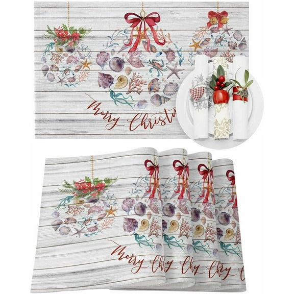 Christmas Placemats Set of 6 Christmas Balls Christmas Placemats for Dining Table Ocean Marine Life Wood Grain Table Mat Winter Holiday Home Party Kitchen Table Decorations
