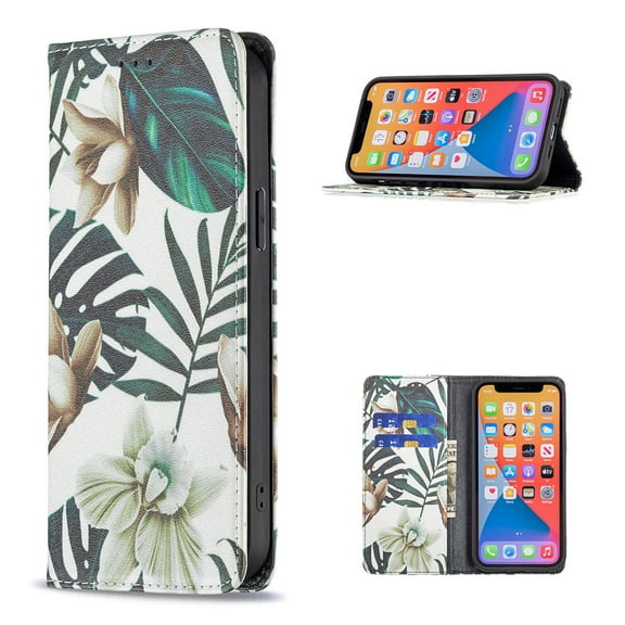 iPhone 13 Mini Wallet Case PU Leather Folio Flip Stand, Allytech Magnetic Credit Card Holder Protective Anti-Scratch TPU Bumper Skin Cover for iPhone 13 Mini 5.4" 2021, Floral Leaf