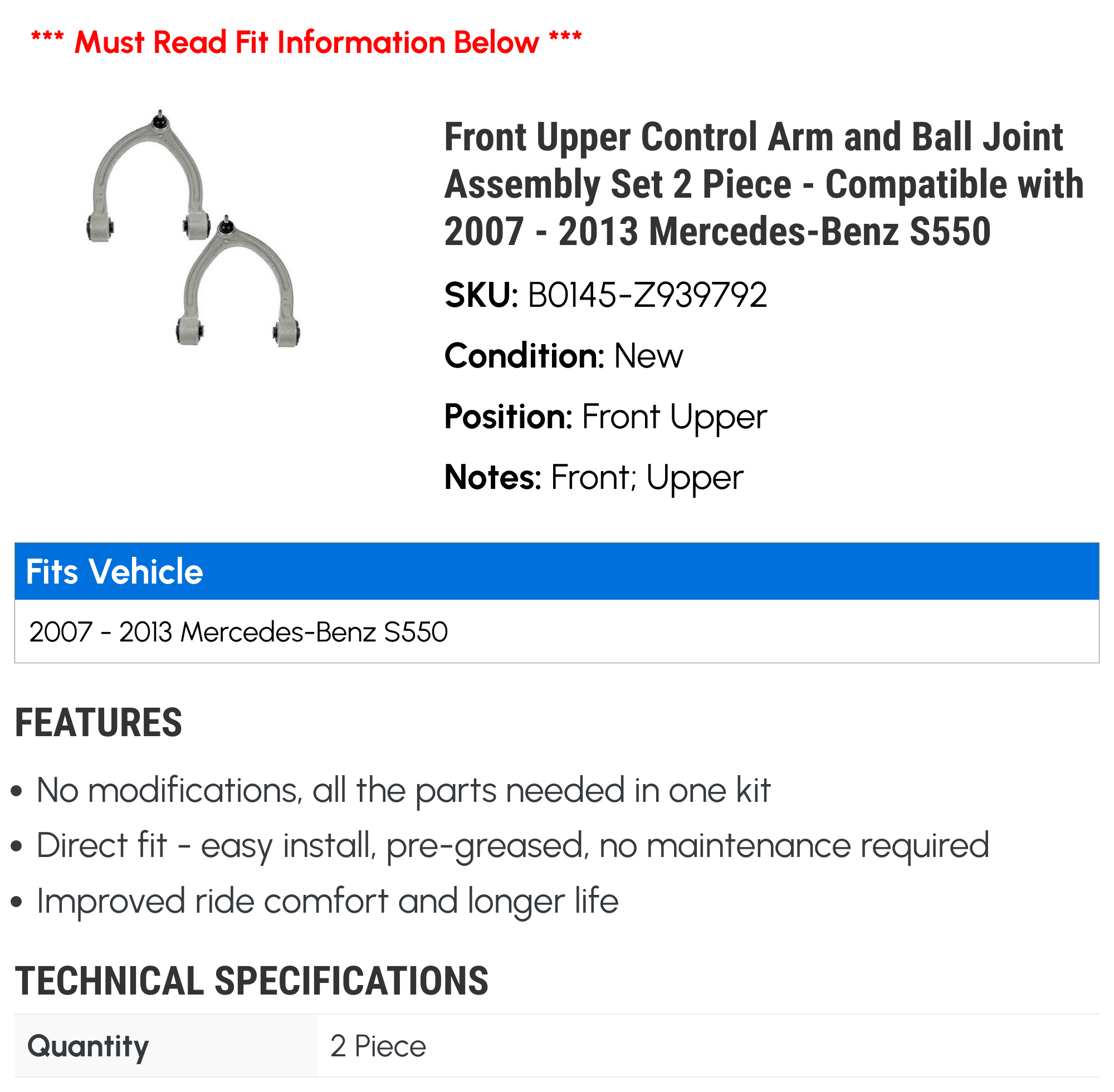 Front Upper Control Arm and Ball Joint Assembly Set 2 Piece - Compatible with 2007 - 2013 Mercedes-Benz S550 2008 2009 2010 2011 2012
