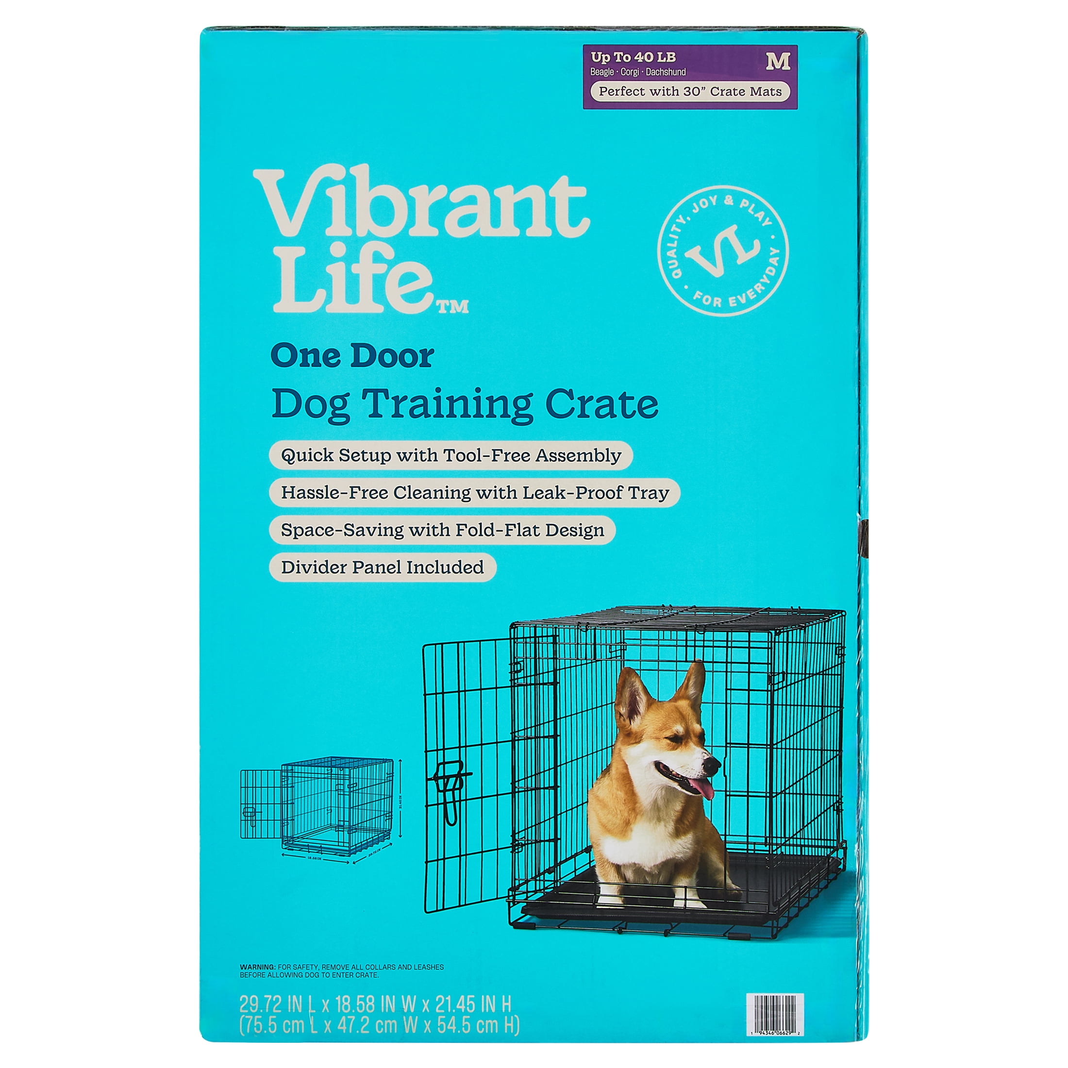 Vibrant Life Foldable Metal Dog Training Crate with Divider Panel and Leak-Proof Tray, 30 in