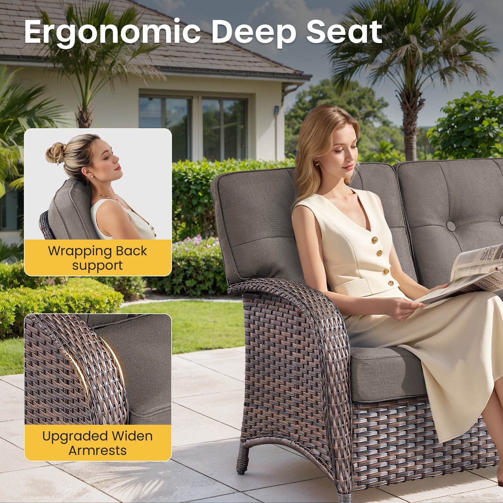Bellefurn Luxury 6 Piece Outdoor Patio Wicker Furniture Sets with Swivel Rocker Patio Chairs,Sofa and Ottomans,High Back Outdoor Conversation Set for Porch Balcony Deck