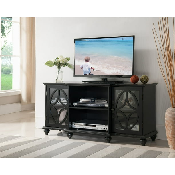 Charlee 47 Black Wood Transitional Entertainment Center Media Console Tv Stand With Glass Storage Cabinet Doors Shelves Walmart Com Walmart Com