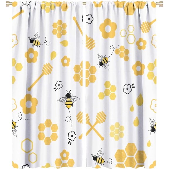 Bee Curtain Cartoon Cute Bees Yellow Honeycomb Flower Pattern Blackout Print Rod Pocket Window Drapes for Bedroom Living Room 26"W x 63"L (Pack of 2)