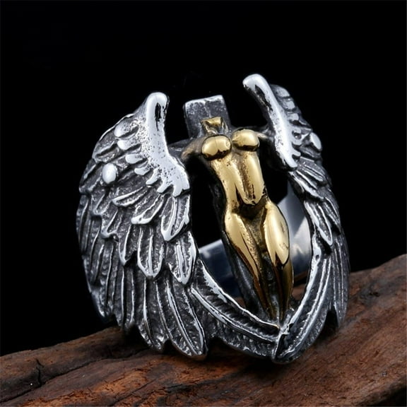 Mens Vintage Winged Angel Cross Titanium Steel Ring, European and American Style, Polished Finish