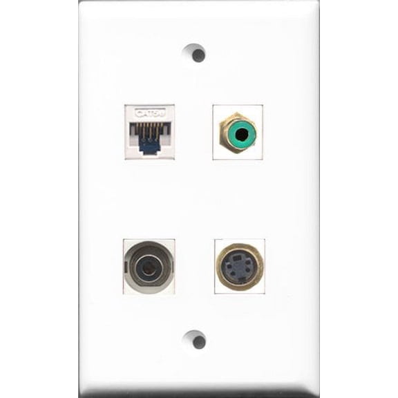 RiteAV 1 Port RCA Green and 1 Port S-Video and 1 Port 3.5mm and 1 Port Cat5e Ethernet White Wall Plate