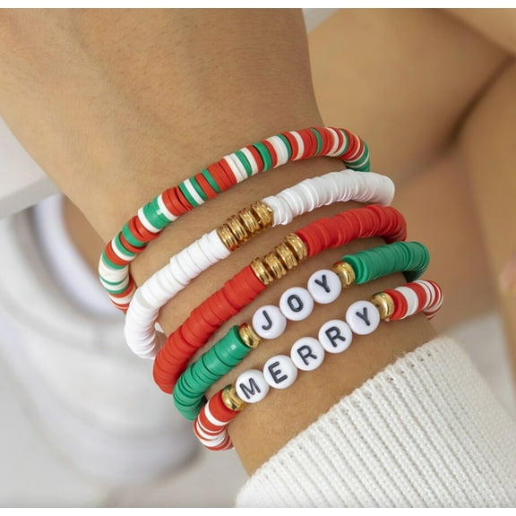 Red, White & Green Joy & Merry Beaded Bracelet Set