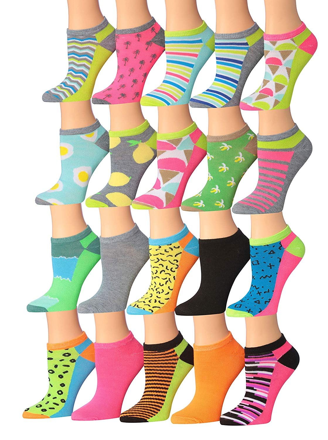 Tipi Toe Tipi Toe Women s 20 Pairs Colorful Patterned Low Cut No Show Socks sock Size 9 11 