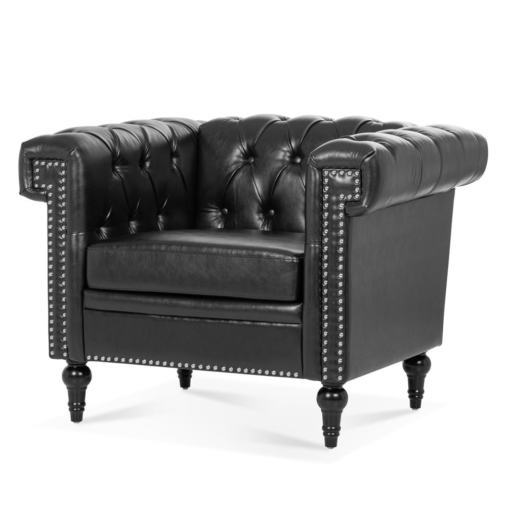 Chesterfield Luxury Leather 1 Seater Single Sofa Couch, Mid-Century Modern Couch Sofa with Removable Cushions and Rubber Wood Legs for Living Room Bedroom Apartment Black