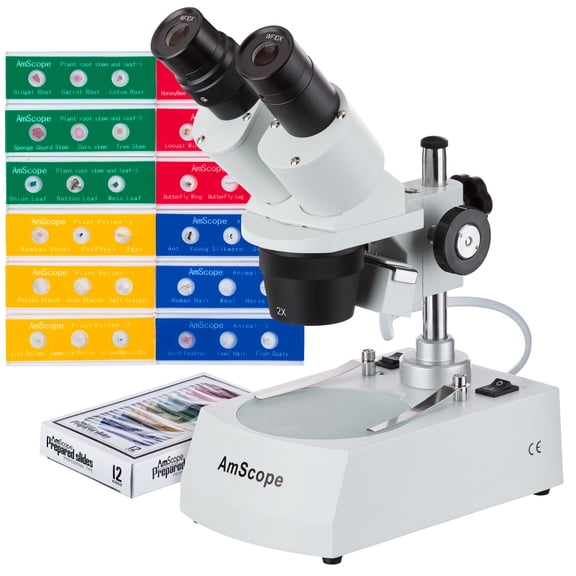 AmScope Cordless LED Top and Bottom Lights Stereo Microscope 20X-40X   36 Biological Specimens New