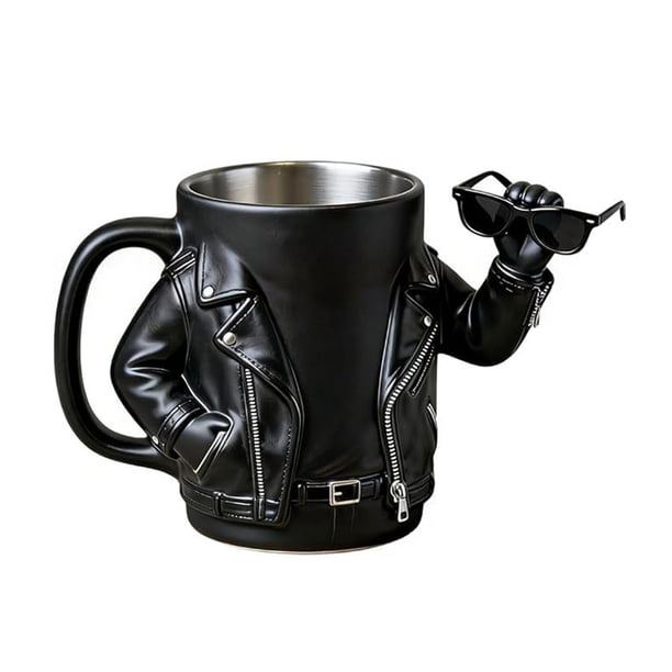 Taza de café novedosa para hombre, diseño creativo de chaqueta de motociclista, taza de resina de 200 ml, regalo único para amantes del café, amantes del té, regalo de cumpleaños y vacaciones.