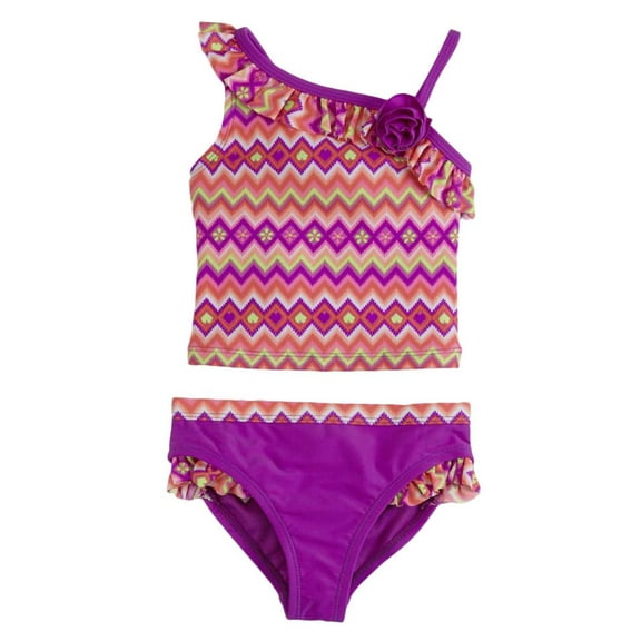 Toddler Girls Tankini Purple & Pink Zig Zag Stripe 2 Pc Bikini Swim Suit 2T