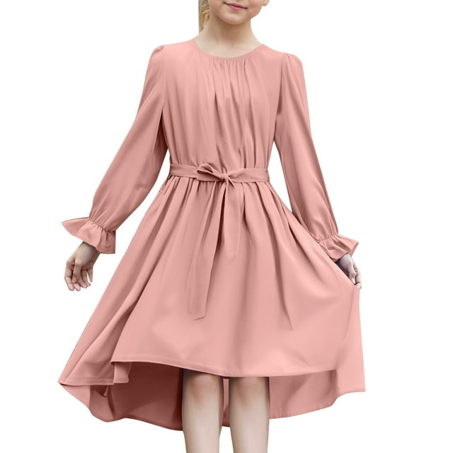 Wdgfv Robe de Fête à Manches Longues pour Filles, Tenue Fluide Semi-Formelle avec Ceinture à Taille Ajustable pour et Célébrations, Rose Pâle, 10-11 Ans