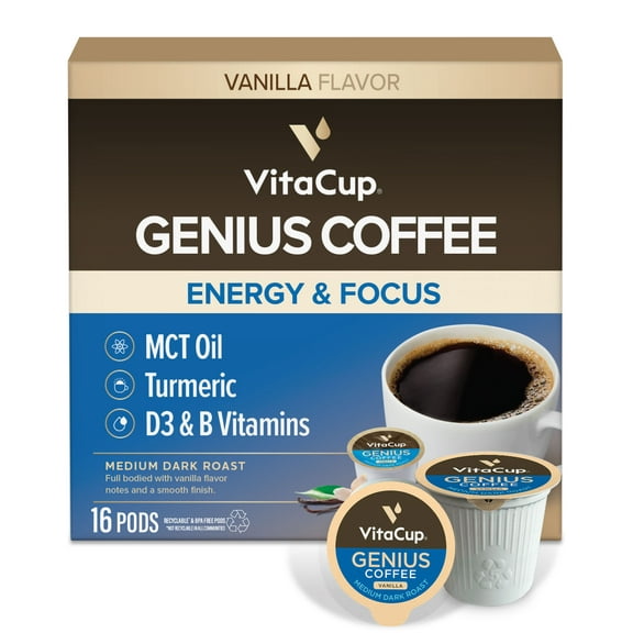 Vitacup Genius Vanilla Keto Coffee Pods Compatible w/ K-Cup Brewers, 16 CT