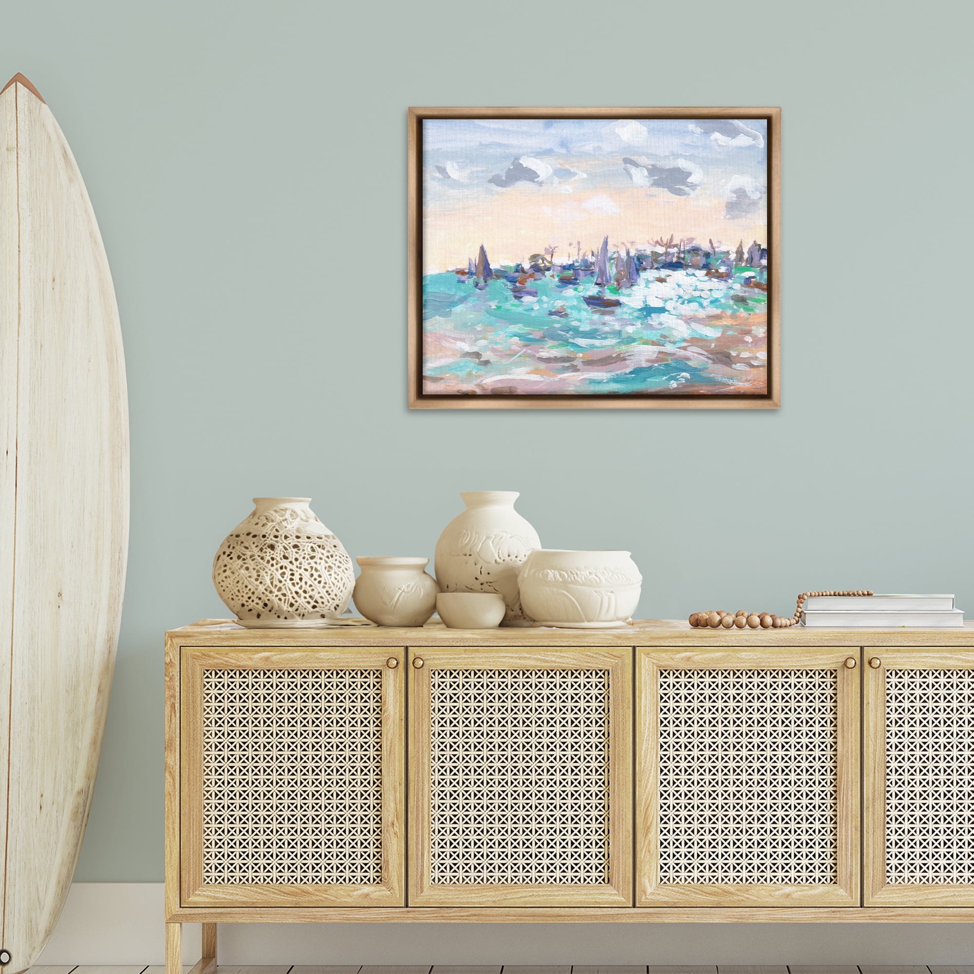 Stupell Industries Sailboats in Rushing Waves Nautical & Beach Painting Brown Floater Framed Canvas Art Print Wall Art, 31 x 25