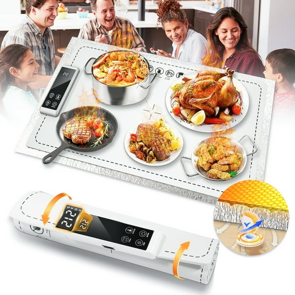 Warming Mat for Food,Portable Electric Warming Tray with 6-Level Adjustable Temperature & 5 Time Settings,Digital Screen Display,Food Warmer Includes Heat Pad,Ideal for Home,Travel Gathering- White