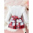 thumbnail image 2 of Toddler Girls Fall Outfits Solid Color Rib Long Sleeve Tops and Plaid Skirts with Belt Set, 2 of 7