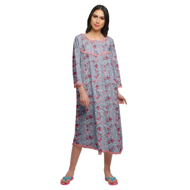 Moomaya Chemise de Nuit Boutonnée en Coton Imprimé pour Femmes, Robe de Nuit d'Allaitement