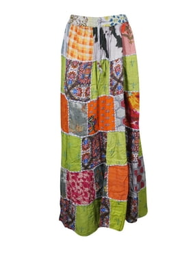 Mogul Women's Patchwork Maxi Skirt Printed Hippy VINTAGE Peasant Tiered Rayon Long Skirts