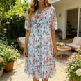 thumbnail image 2 of Vestido Impreso Plisado de Gasa con Cuello en V de las Mujeres, Casual de Manga Corta de Moda, Ligero Suave Y Fluido para Uso Diario, Fiestas, Vacaciones, 2 of 7