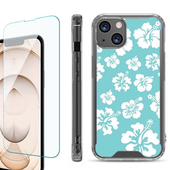 Shockproof Bumper Phone Case for iPhone 13, with Tempered Glass Screen Protector, by OneToughShield ® - Hibiscus Teal