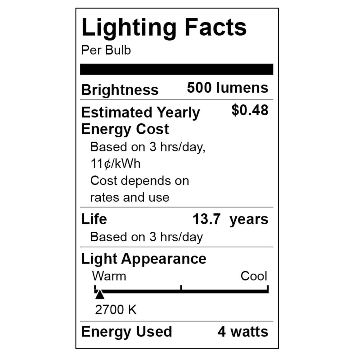 (4 pack) Great Value LED, 4W (60W Eqv) B10 Deco Lamp E12 Candelabra Base, Dimmable, Soft White, 4pk