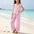 thumbnail image 2 of Miluxas Girls' Gingham 2-Piece Set - Ruffle Sleeve Top & Wide Leg Pants, Lightweight Plaid Outfit for Beach & Summer Wear Pink 9 Years, 2 of 8