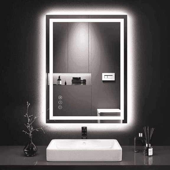 LED Bathroom Mirror with Anti-Fog and Dimmable Light, Modern Rectangular Vanity Mirror with Frontlit & Backlit, Plug-in or Hardwire Mounting, Tempered Glass for Wall Bath Vanity