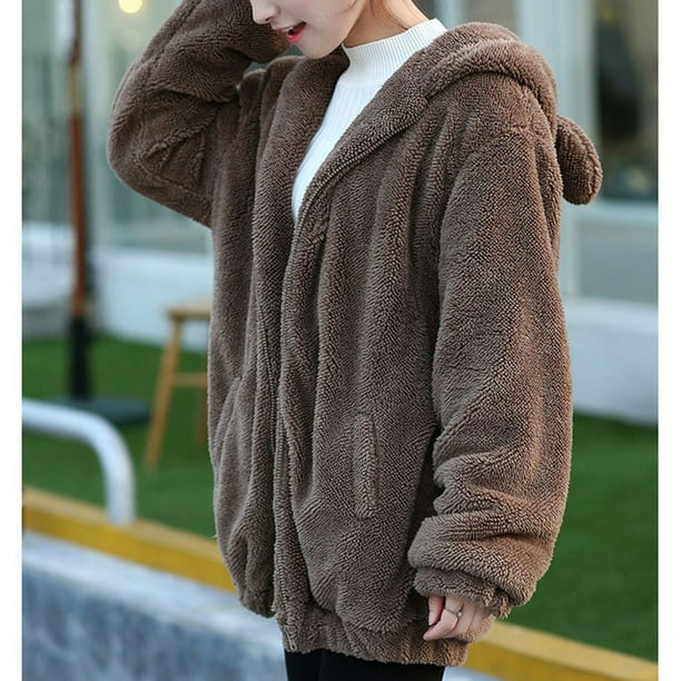 Cartoon Plush Jacket Hooded Sweater Women Fashion Solid Color Cute