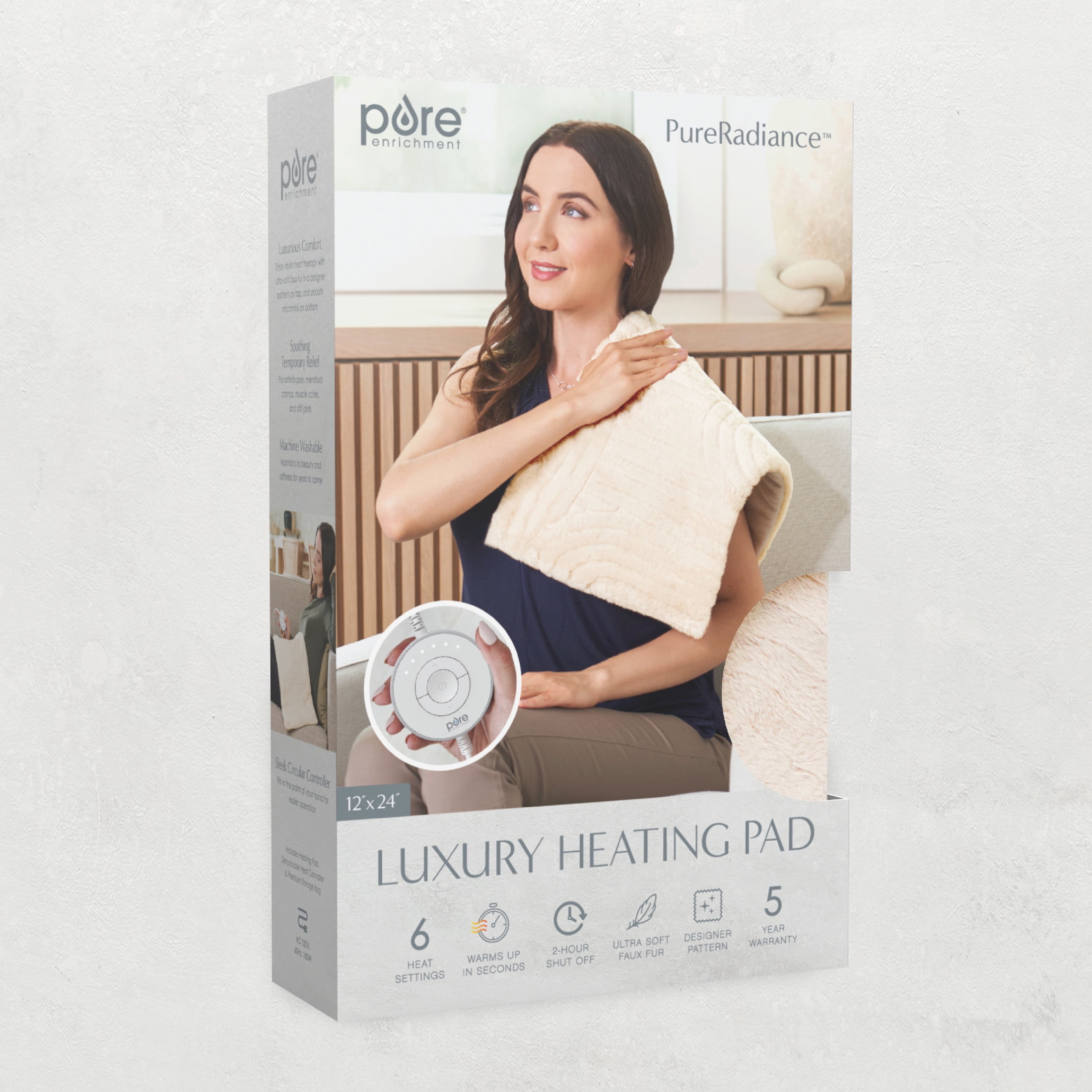Pure Enrichment PureRadiance Luxury Heating Pad for Back, Neck, & Shoulder Pain Relief, Patented Design, Soft Faux Fur & Micromink, 6 Heat Settings, Machine Washable, 12”x24” (Golden Sands)