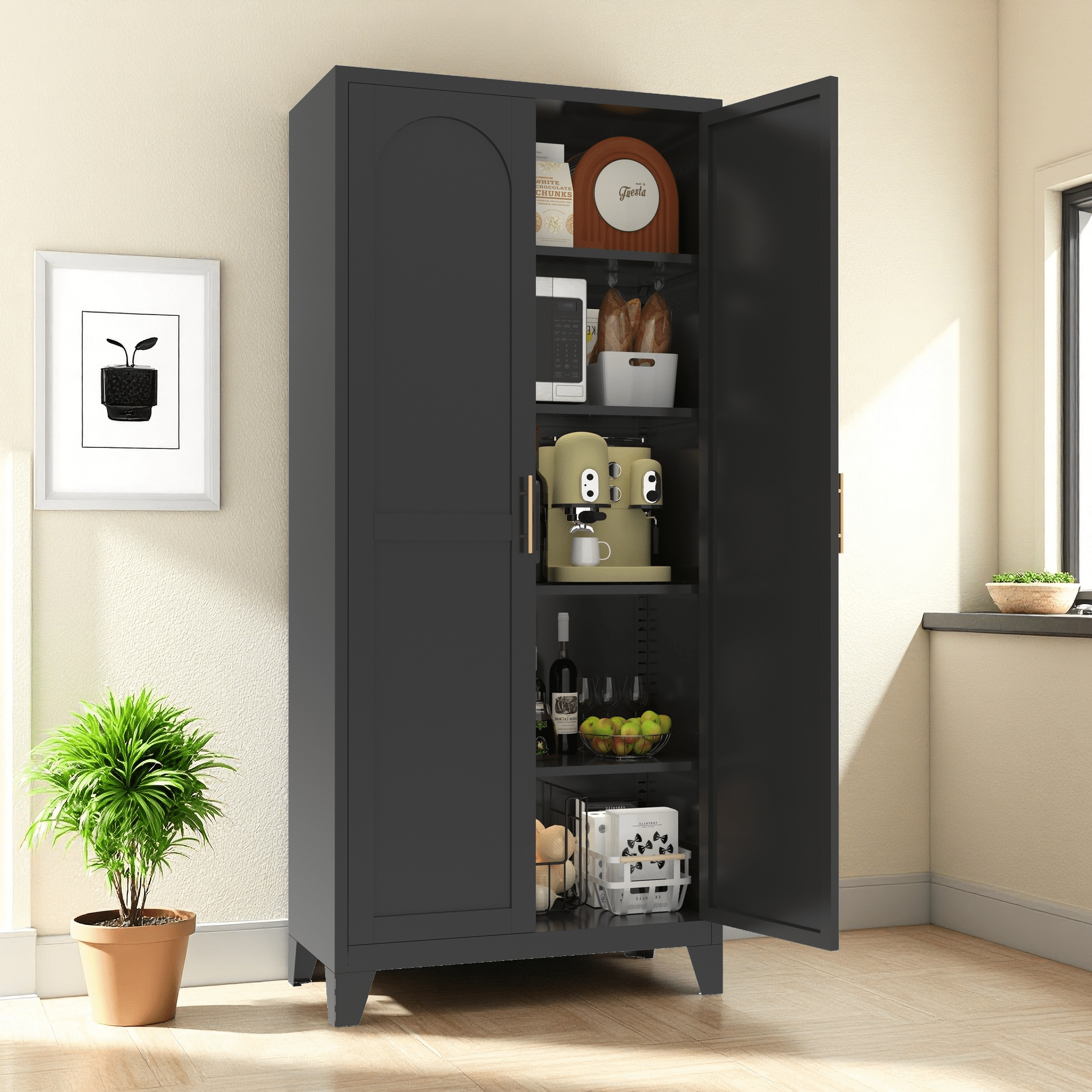 Miniyam 71"H Metal Storage Cabinet with 2 Shaped Doors & Adjustable Shelves – Black, for Bedroom/Living Room/Kitchen