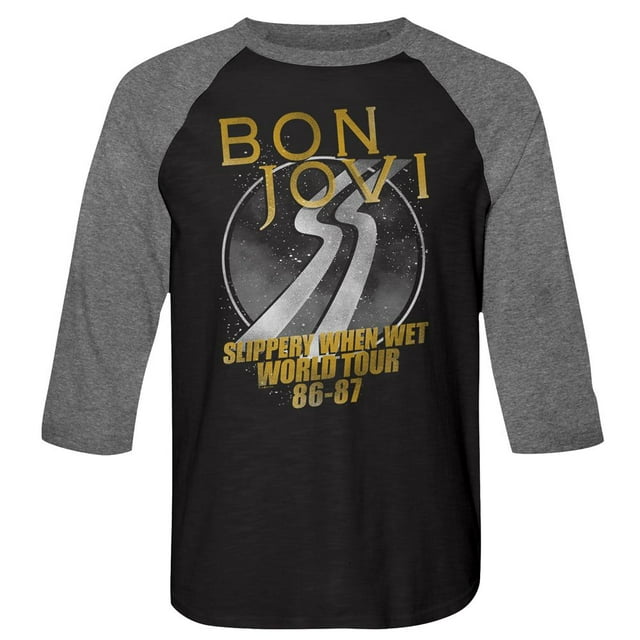 T-Shirt Raglan à Manches 3/4 pour Adulte Bon Jovi World Tour Vintage Noir/premium Chiné