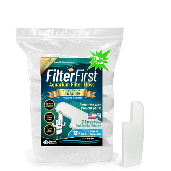 Aquatic Experts Aquarium Filter Floss for Fish Tank Filters - FilterFirst Aquarium Filter Pad - Media for Crystal Clear Water, (12 Pack, Tidal 35 Compatible)