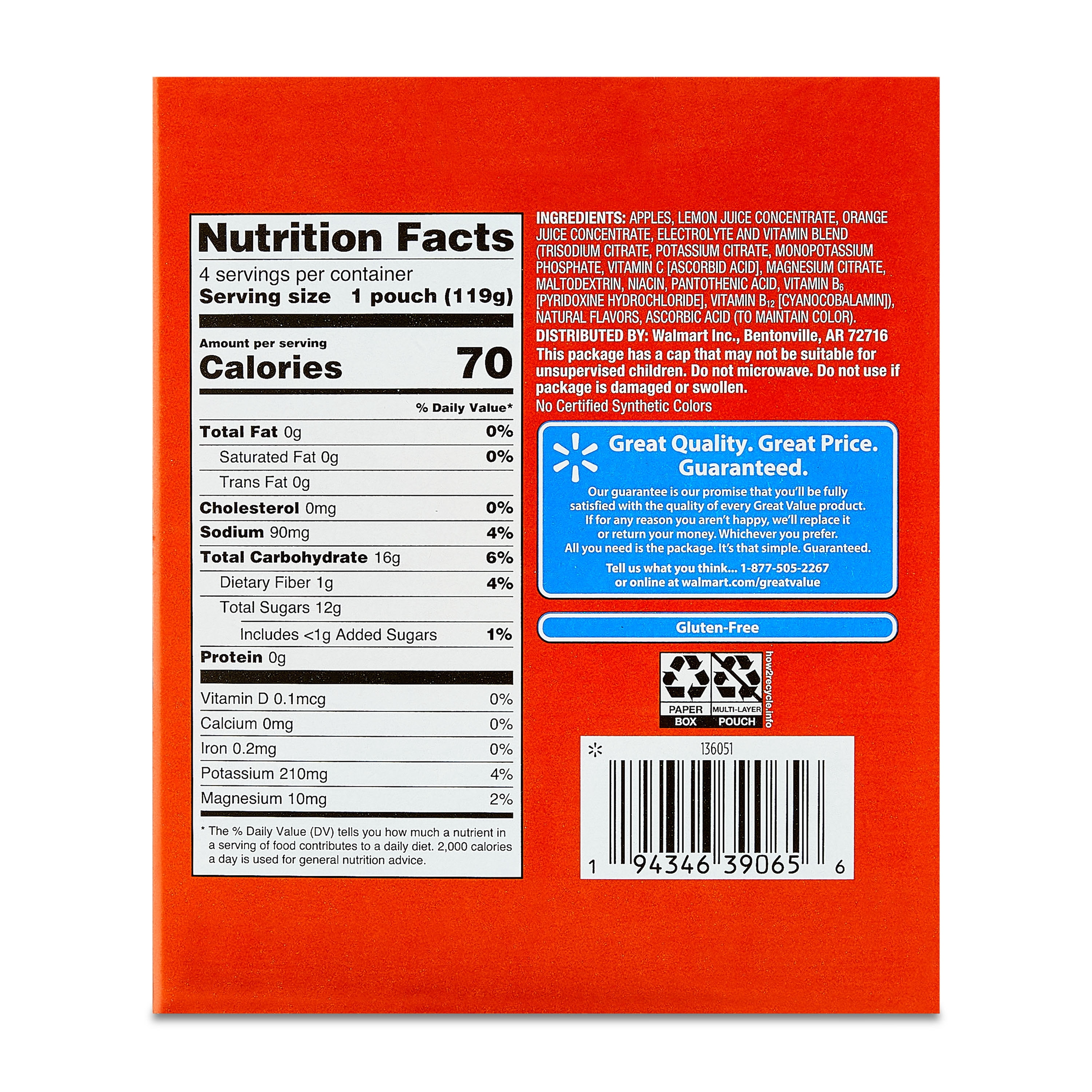 (4 pack) Great Value Sport Fruit Blend Applesauce with Electrolytes, Orange, 16.8 oz, 4 Count Carton