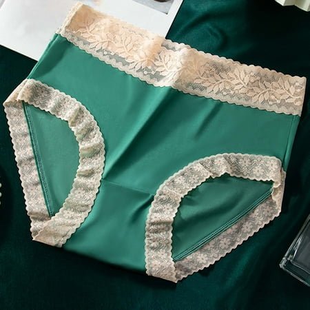 MRULIC panties for women Women Comfortable Playful Traceless Ice Silk Sexy High Waist Silk Cotton Crotch Triangle Underwear Green + L