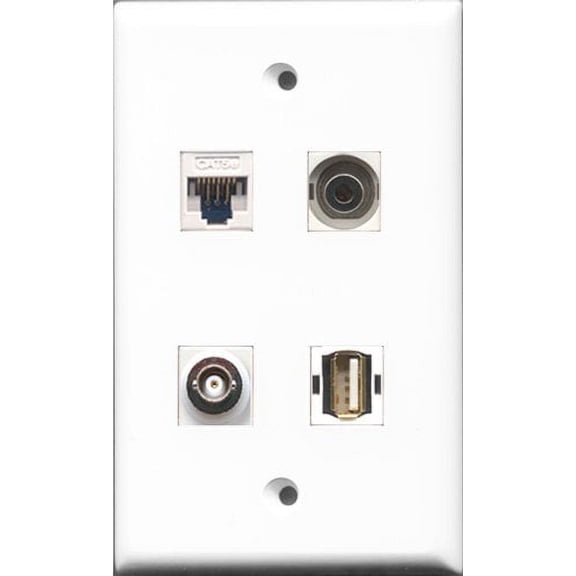 RiteAV - 1 Port USB A-A and 1 Port 3.5mm and 1 Port BNC and 1 Port Cat5e Ethernet White Wall Plate