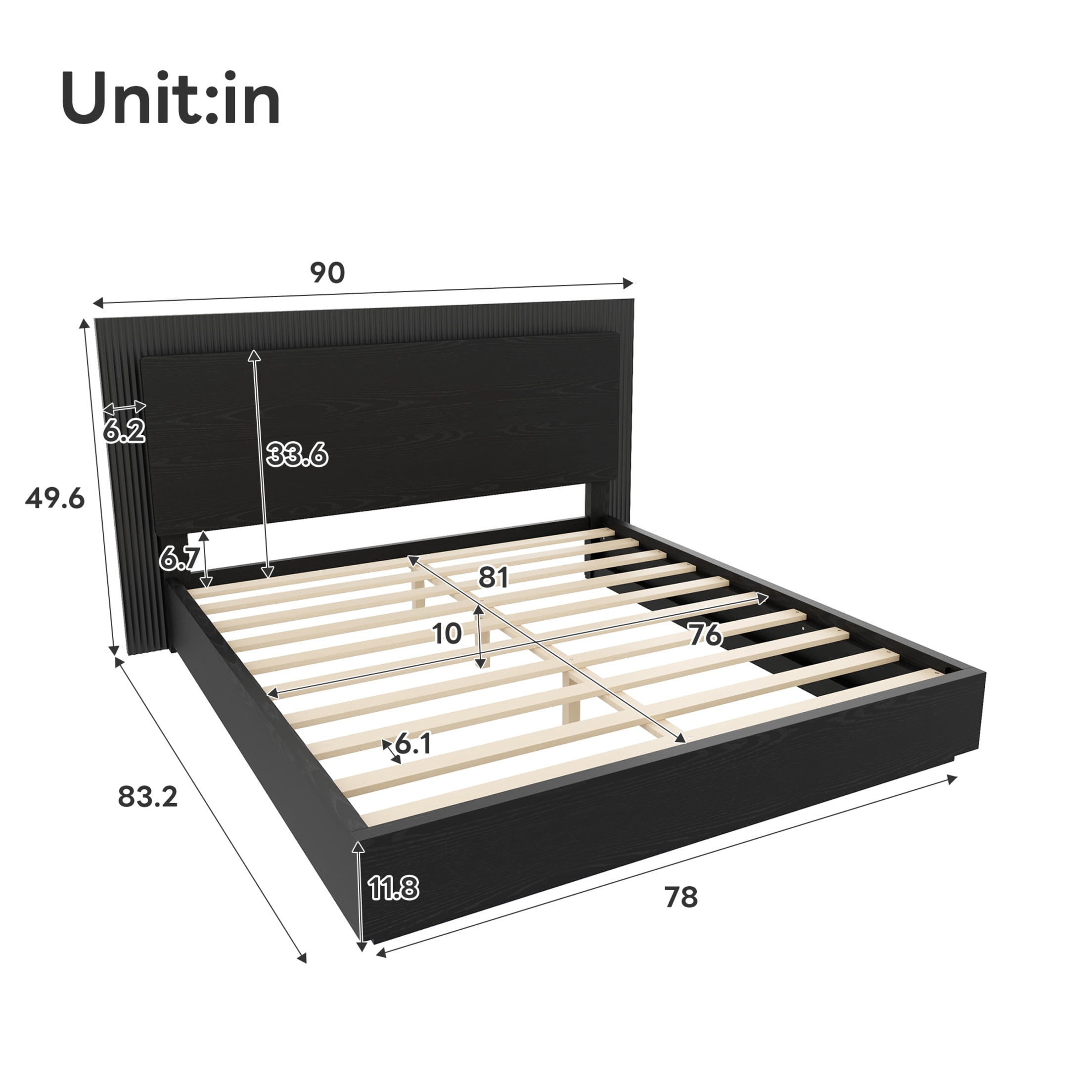 Noble House King Wood Platform Bed Frame with LED Headboard, Modern Mattress Foundation with Center Support, Black