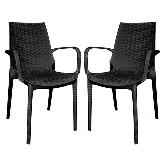 LeisureMod Kent Modern Outdoor Stackable Dining Armchair in Black Set of 2