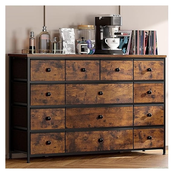 Dresser TV Stand 45 Inch, 13 Drawer Chest for Bedroom - Rustic Brown Wood Top & Metal Frame