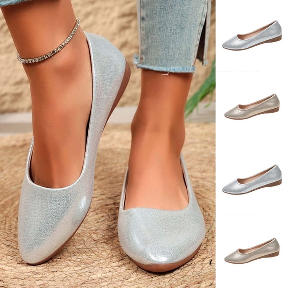 Trendy Women Low Cut Leather Flat Shoes Solid Color Slip on Lazy Design Casual Versatile Outdoor Daily Casual Footwear Silver 9.5(43)