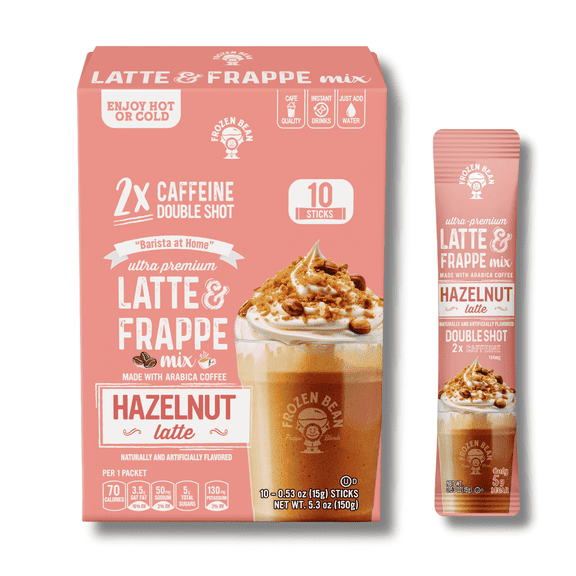 The Frozen Bean Latte & Frappe Instant Coffee Mix Hazelnut Double Shot Caffeine Arabica Coffee 10 Count