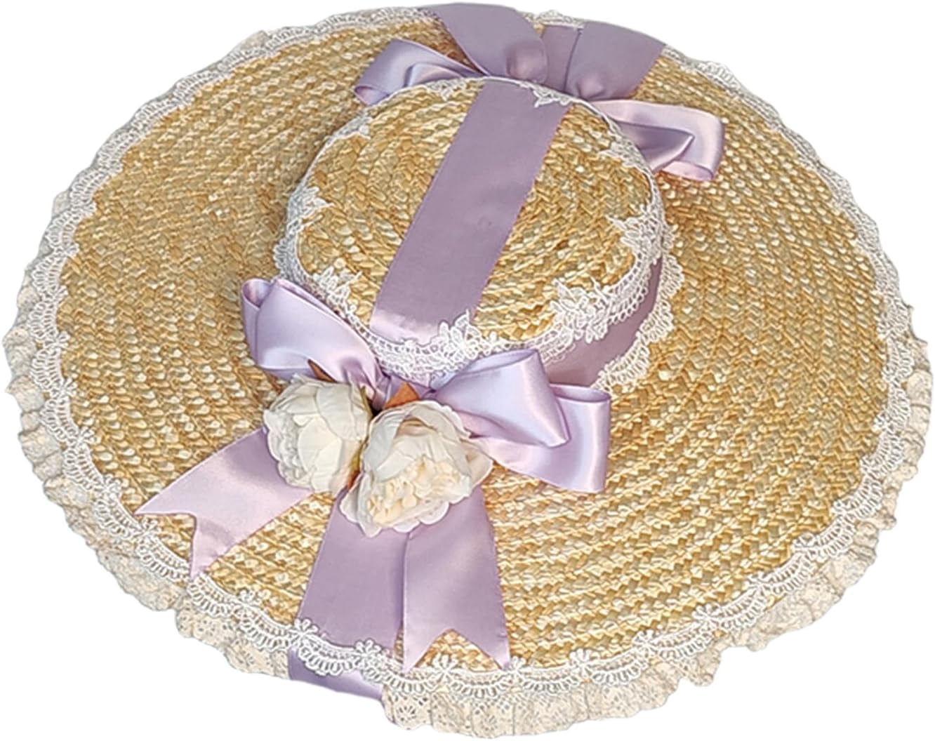 Kukuzhu Women Victorian Tea Party Sun Hat, Lolita Bows Flower Ribbon Flat Straw Hat Summer Beach Bonnet Cap for Travel