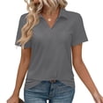 thumbnail image 2 of Women's V Neck Turndown Collar Short Sleeve T-Shirt Tops Blouses Tees Solid Color Casual Daily Wear Business Office Vacation Outfits Fashion Essential Gift for Women | Aestivo,Dark Gray L, 2 of 9