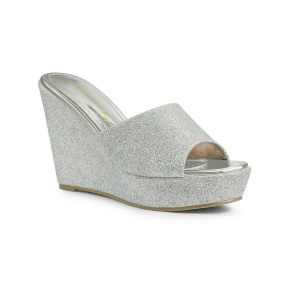BLISSFUL STEP Women Glitter Platform Slip on Wedge Heels Sandals Silver 7.5