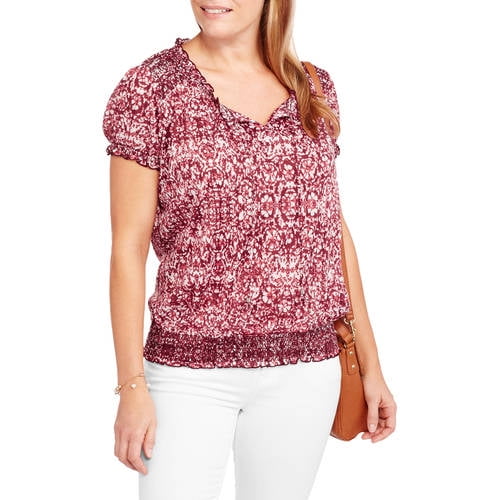 Faded Glory Womens Short Sleeve Peasant Top with Front Tassels and