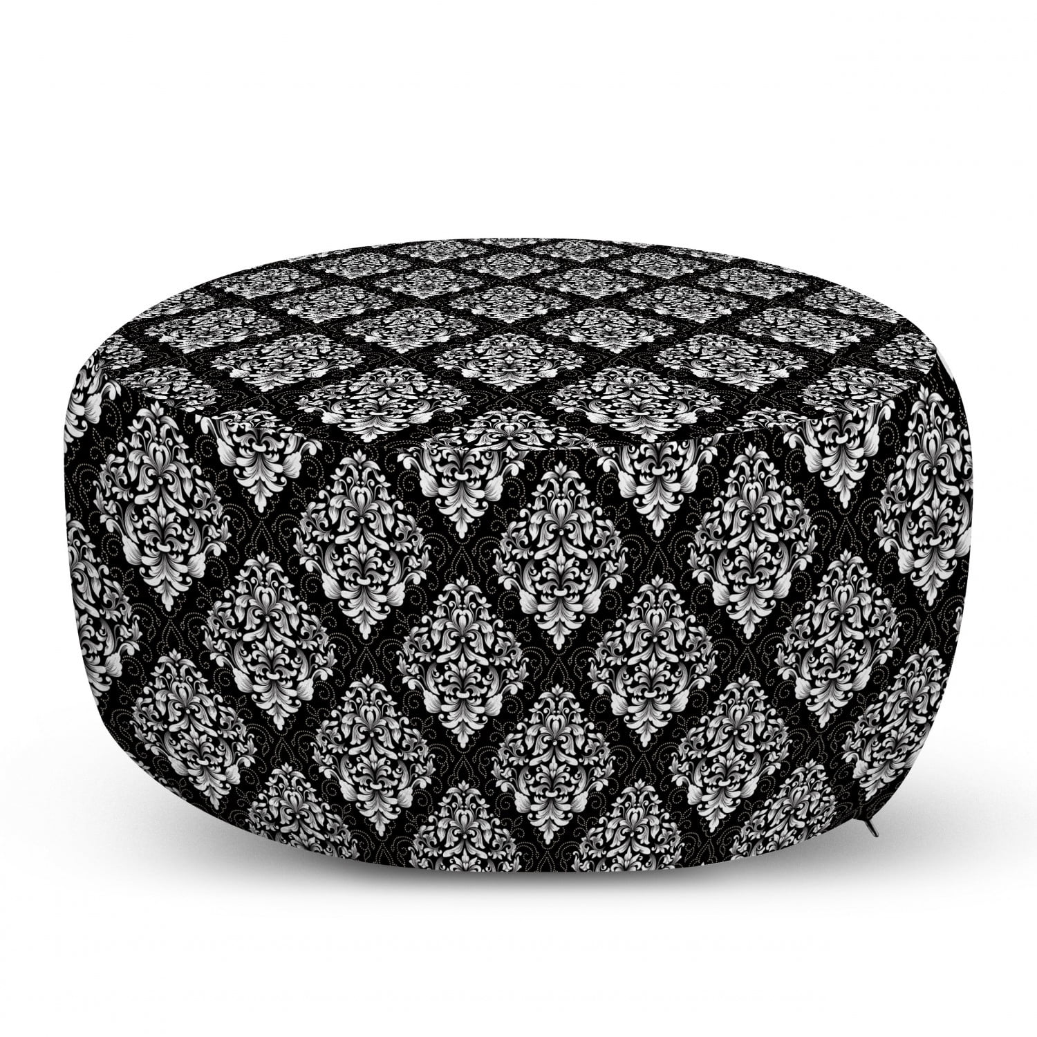 Damask Pouf Cover with Zipper, Classic Timeless Foliage Leaves with Victorian Inspired Swirls and Curls, Soft Decorative Fabric Unstuffed Case, 30' W X 17.3' L, Grey Black and White, by Ambesonne