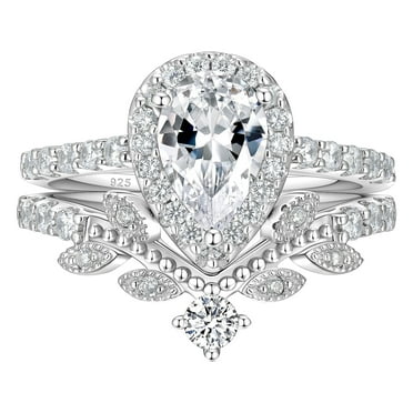 Newshe Jewellery Wedding Ring Set for Women Vintage 925 Sterling Silver Pear Shaped Cz Bridal Set Size 7
