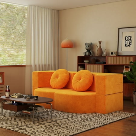 Folding Sofa Bed with Pillow, Twin Sleeper Sofa, Floor & Futon Loveseat Couch, Foam Folding Mattress Sleeper for Living Room, Guest Use, Office, Apartment, No Assembly Required, Yellow